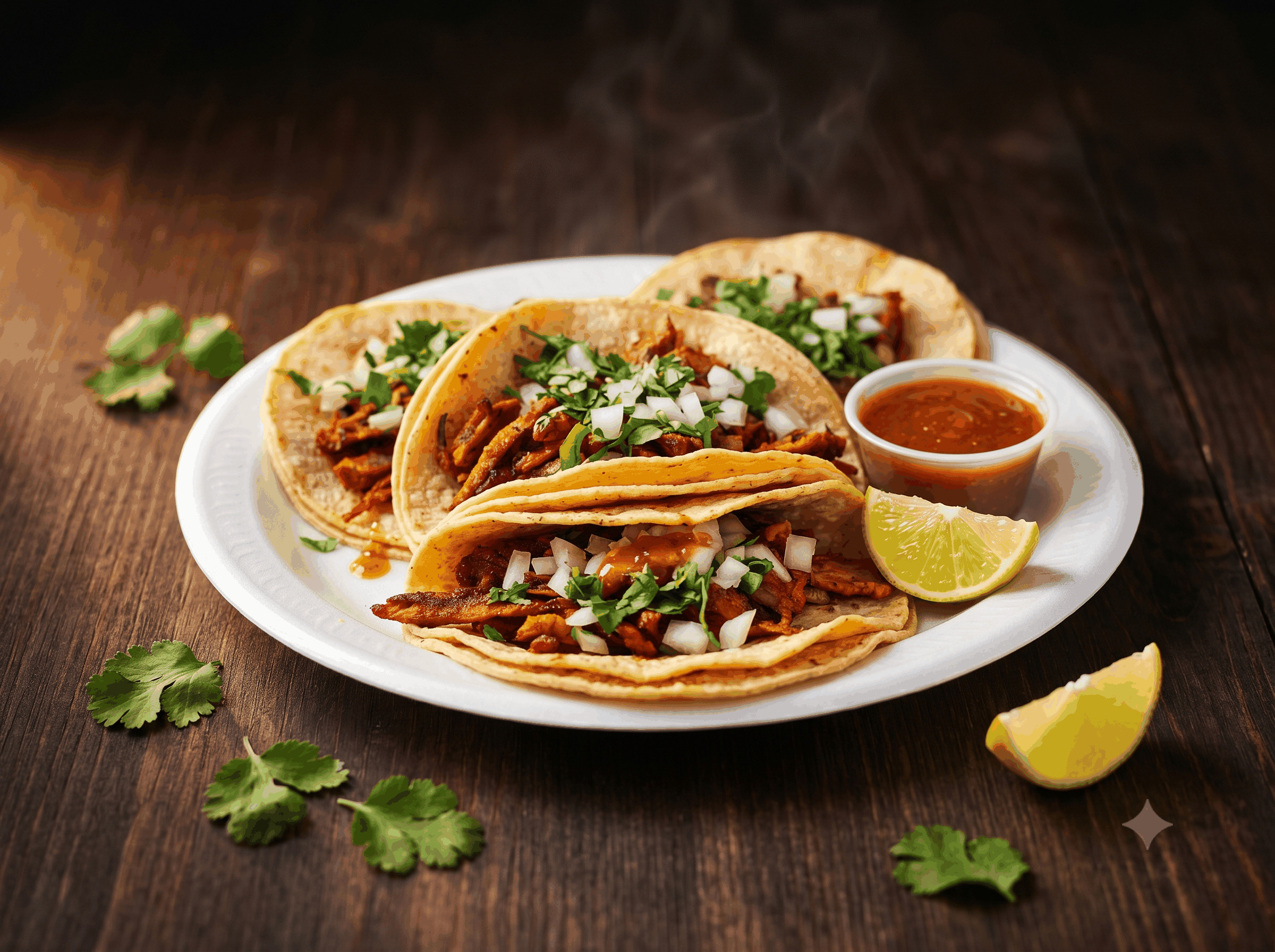 Professional AI-enhanced food photography of tacos al pastor — after AI transformation