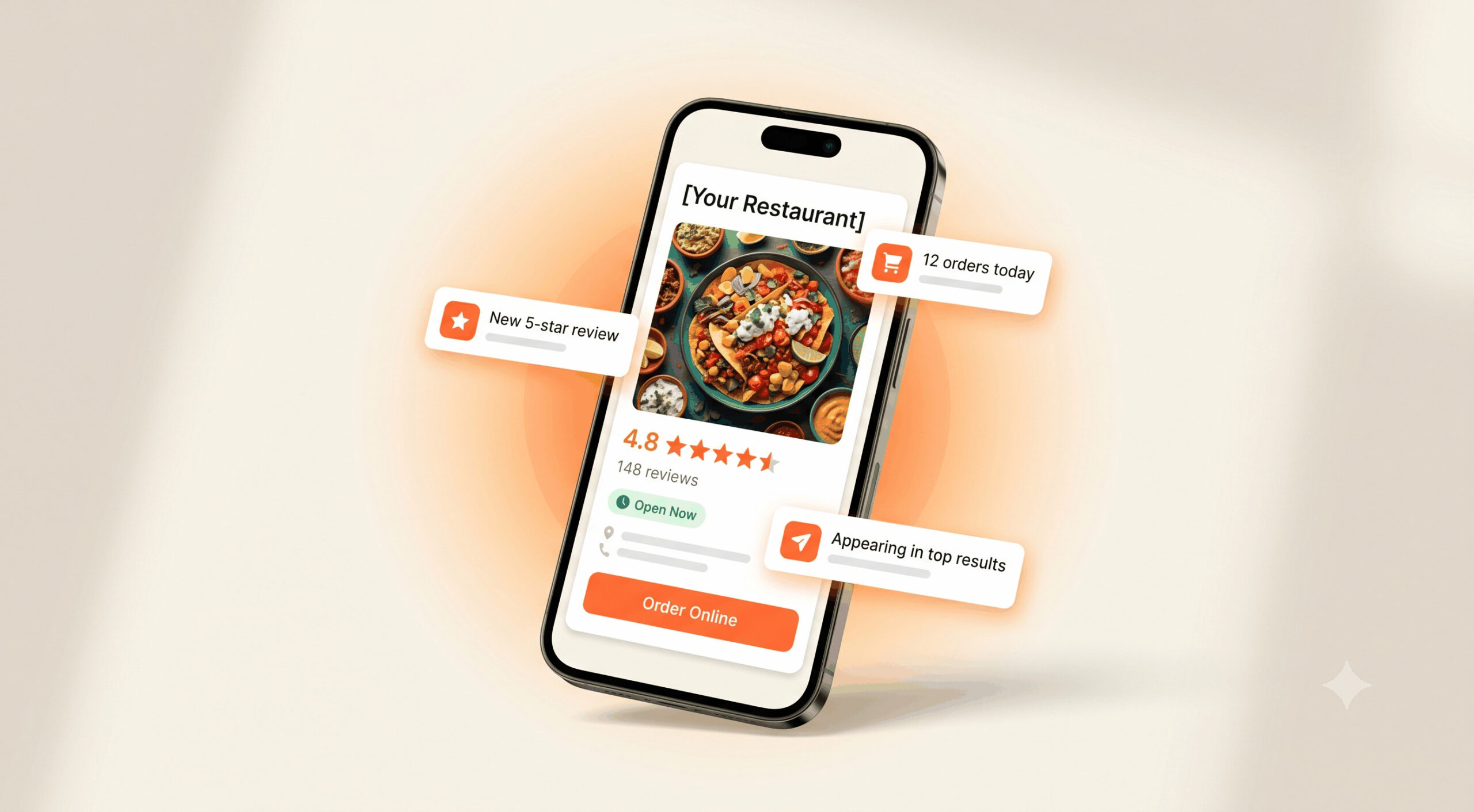 Restaurant Google Business Profile optimized with AI showing 5-star reviews and online ordering