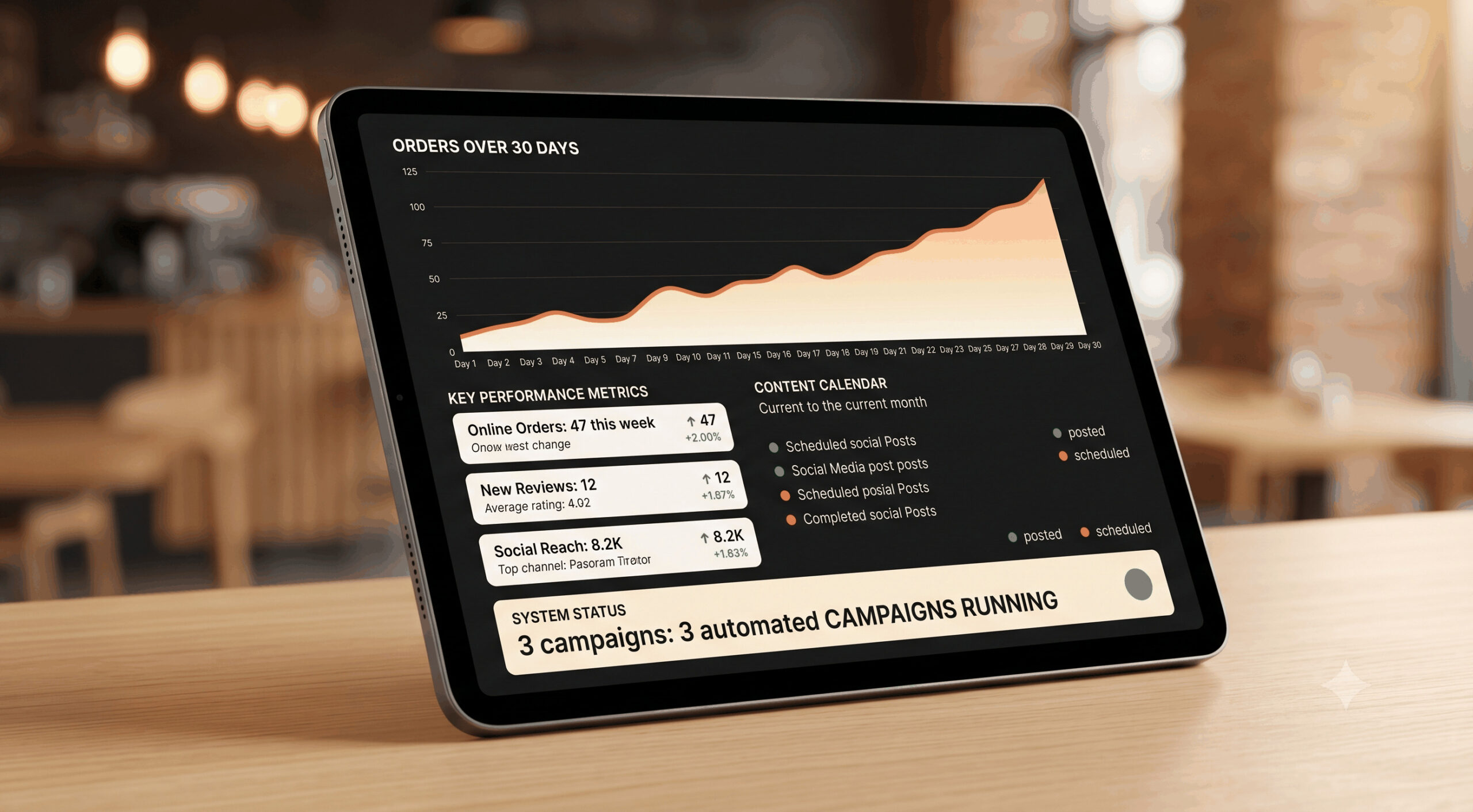AI-powered restaurant marketing dashboard showing automated campaigns and analytics