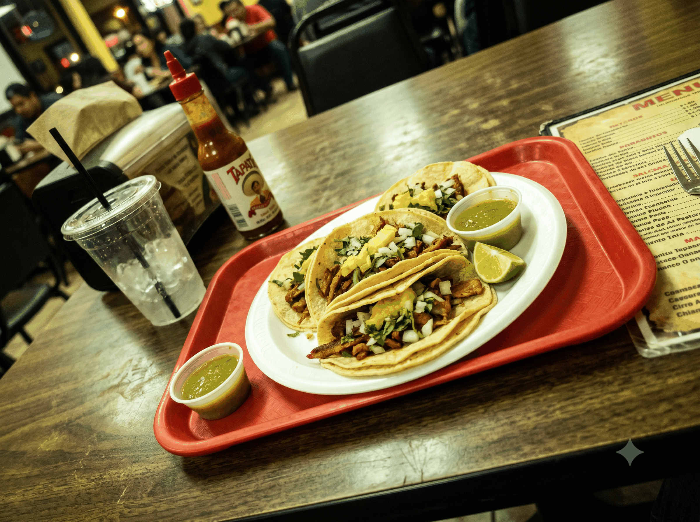 Amateur phone photo of street tacos in a restaurant — before AI enhancement