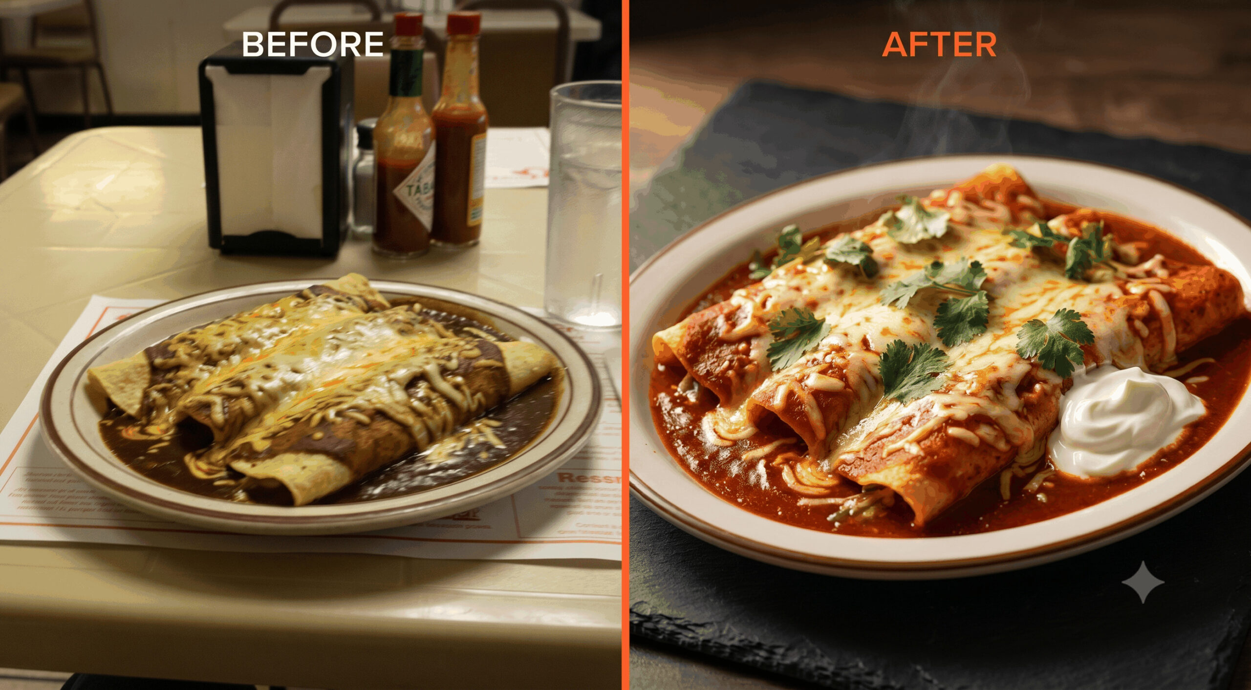 Before and after: AI transforms amateur enchilada photo into professional food photography